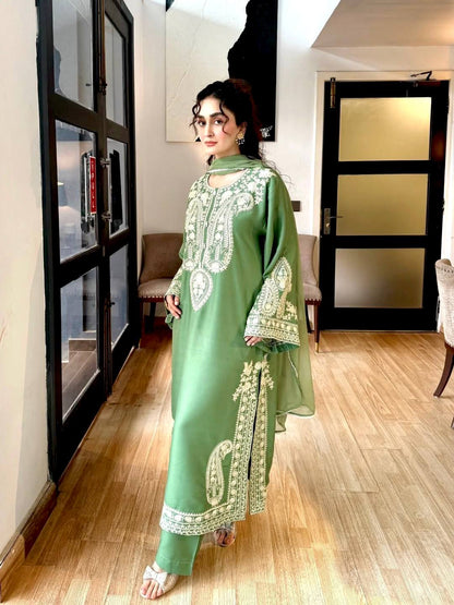 Designer Green Color Organza Silk Wedding Wear Palazzo Suit