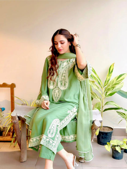 Designer Green Color Organza Silk Wedding Wear Palazzo Suit
