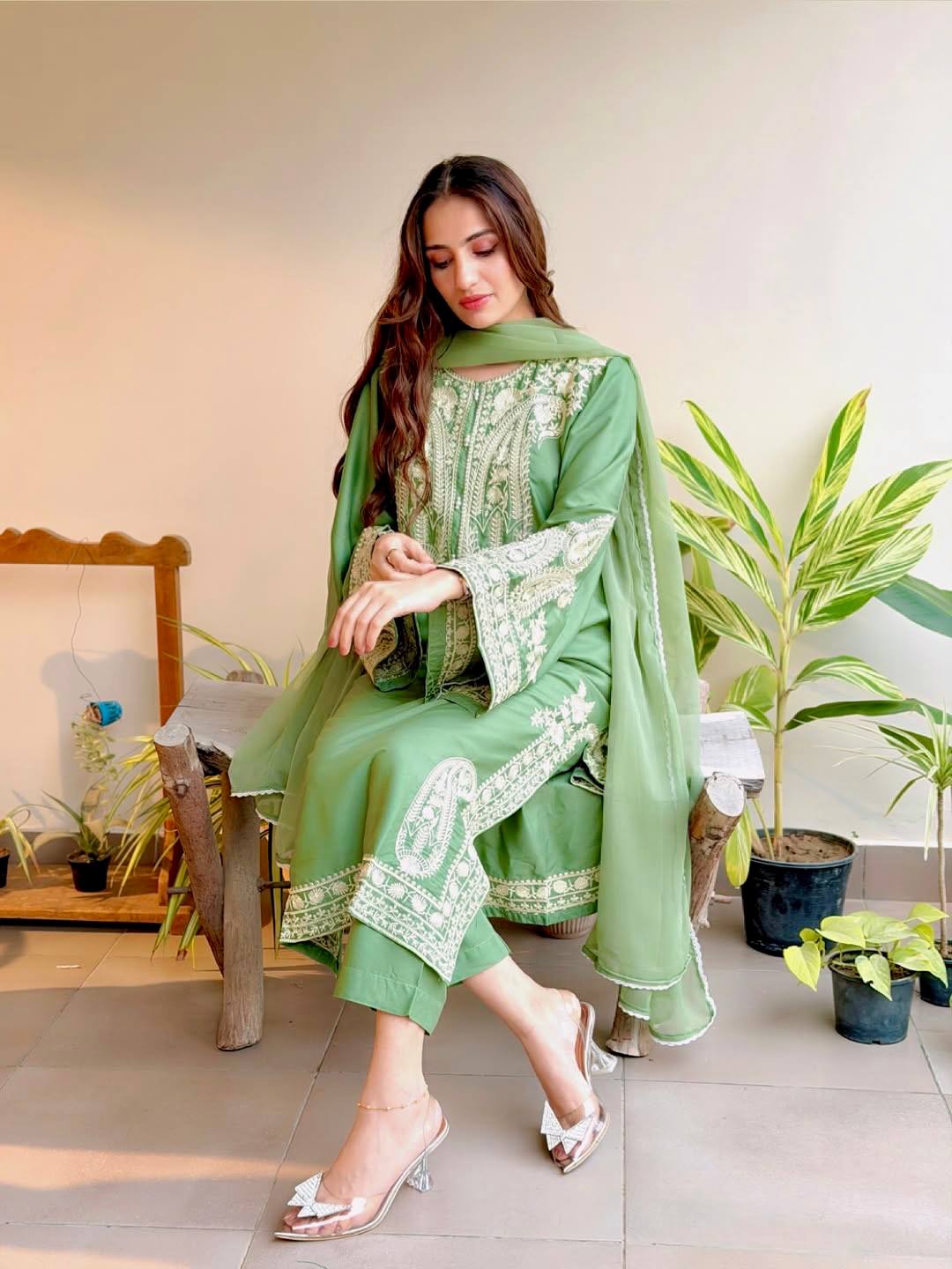 Designer Green Color Organza Silk Wedding Wear Palazzo Suit
