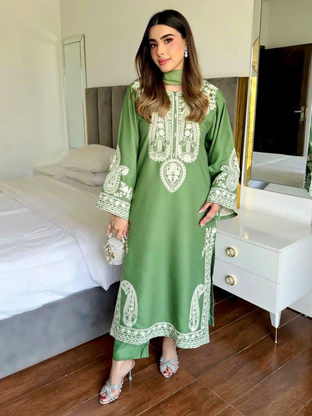 Designer Green Color Organza Silk Wedding Wear Palazzo Suit