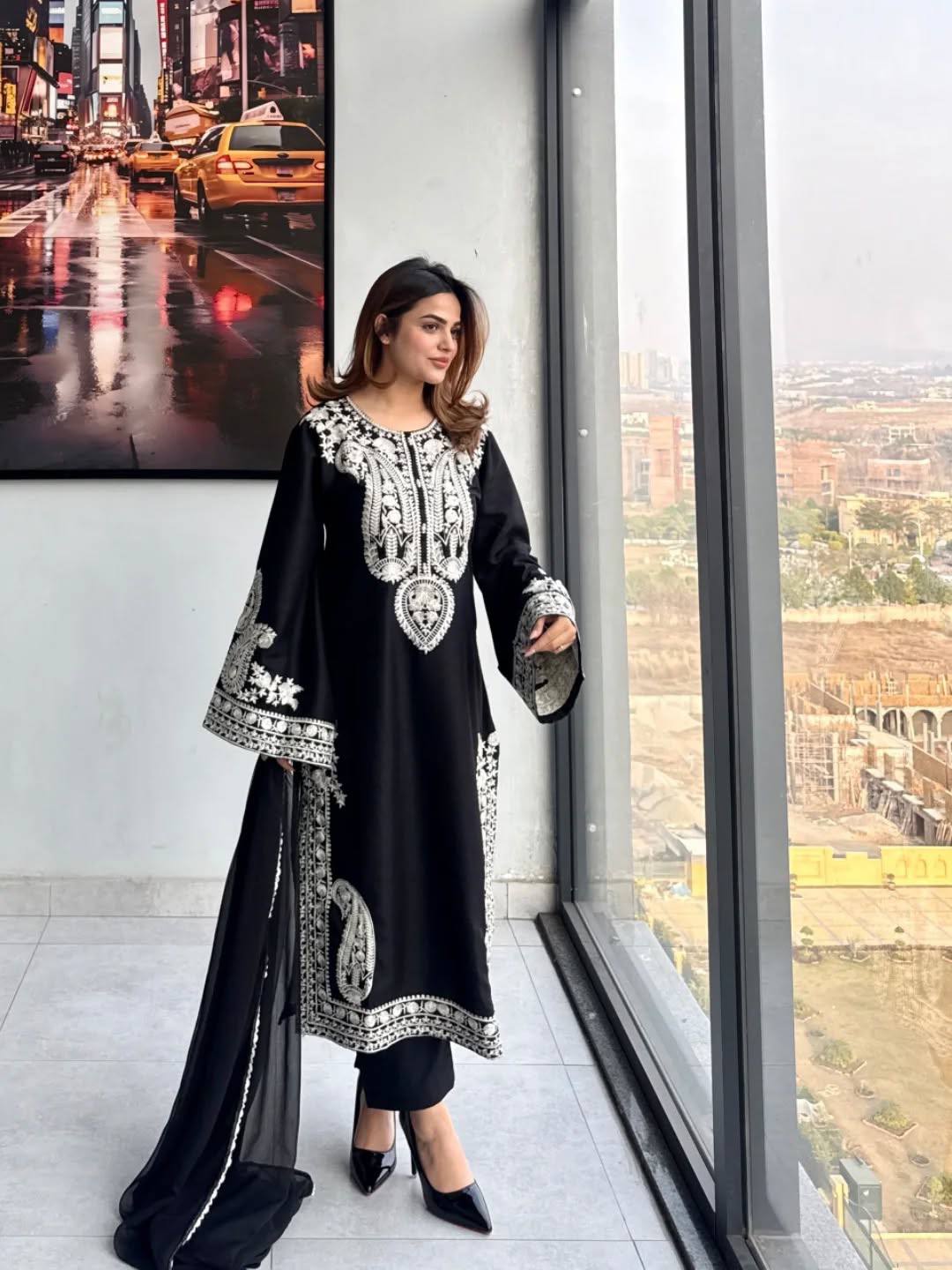 Designer Black Color Organza Silk Wedding Wear Palazzo Suit