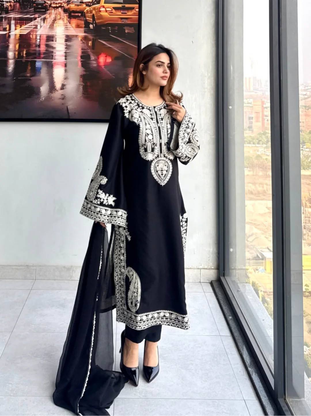 Designer Black Color Organza Silk Wedding Wear Palazzo Suit