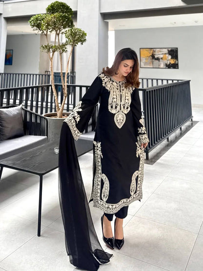 Designer Black Color Organza Silk Wedding Wear Palazzo Suit