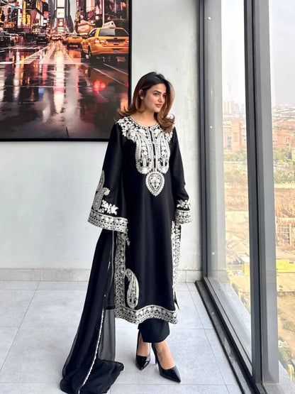 Designer Black Color Organza Silk Wedding Wear Palazzo Suit