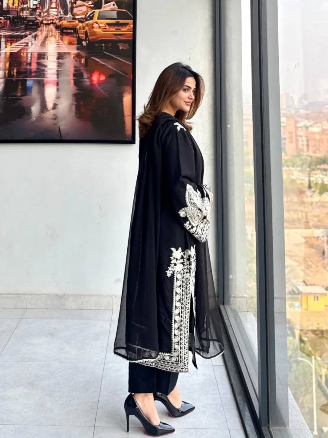 Designer Black Color Organza Silk Wedding Wear Palazzo Suit