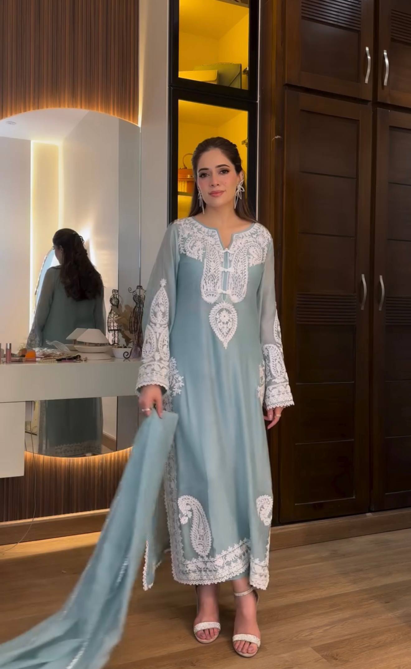 Designer Sky Blue Color Organza Silk Wedding Wear Palazzo Suit