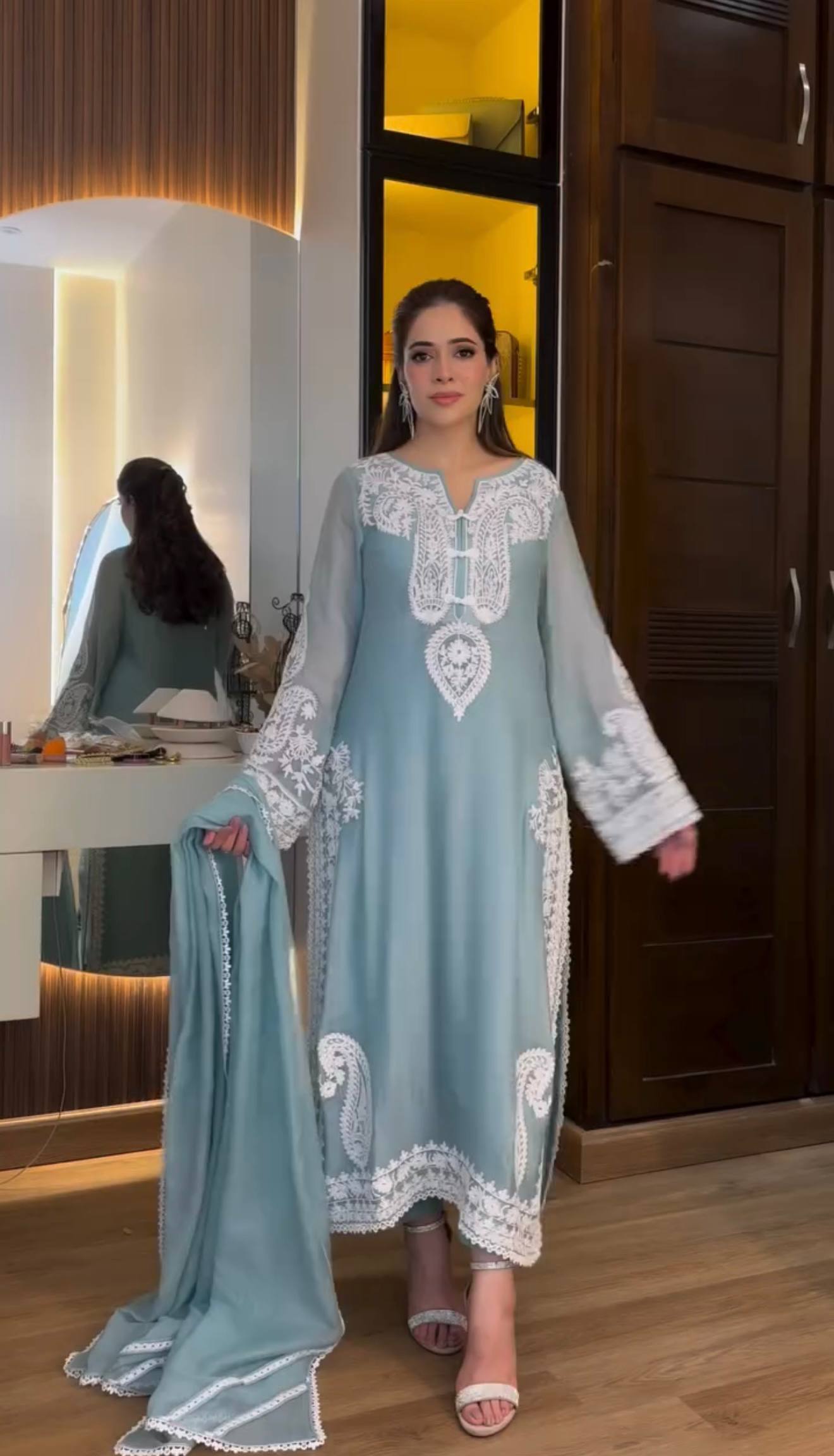 Designer Sky Blue Color Organza Silk Wedding Wear Palazzo Suit
