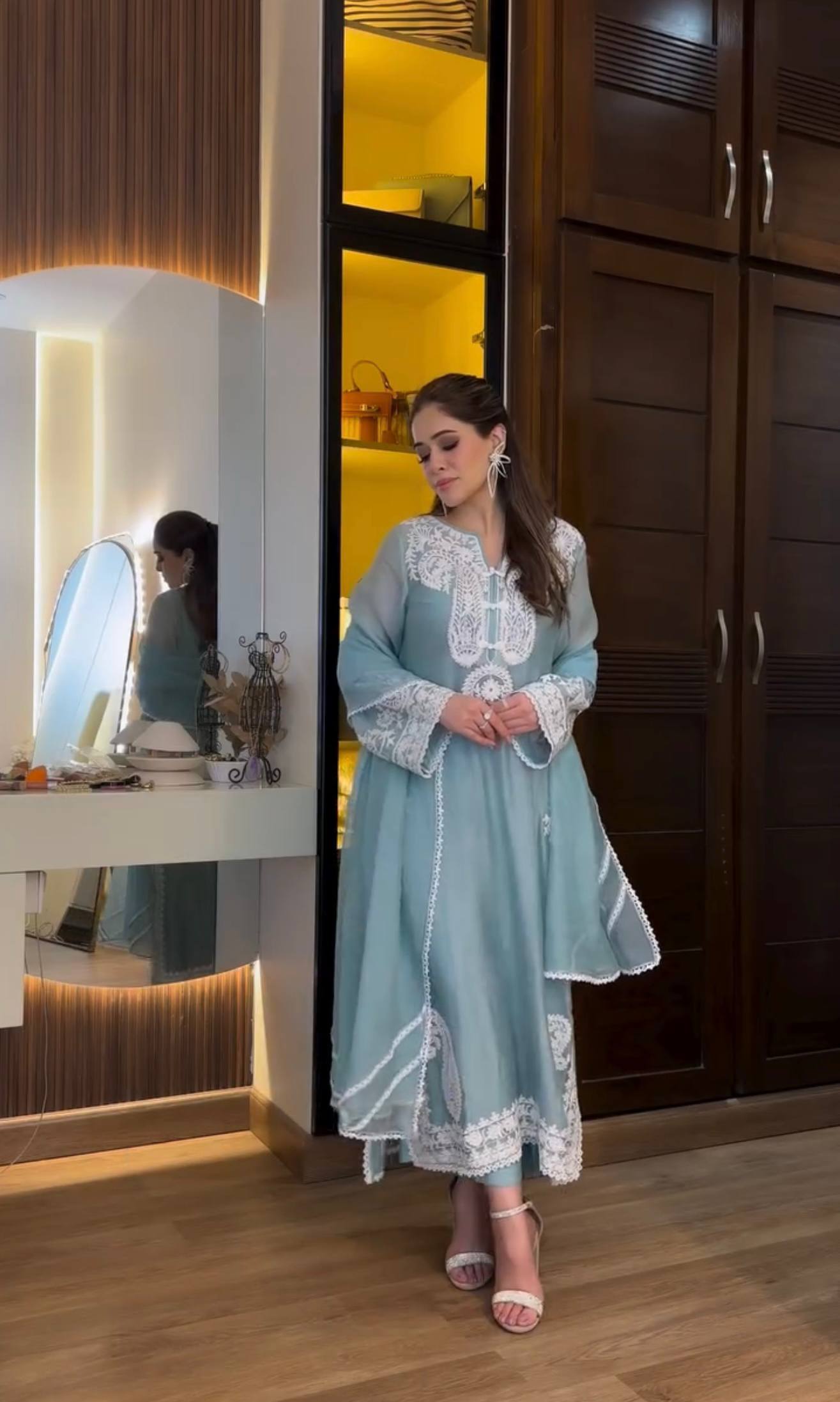 Designer Sky Blue Color Organza Silk Wedding Wear Palazzo Suit