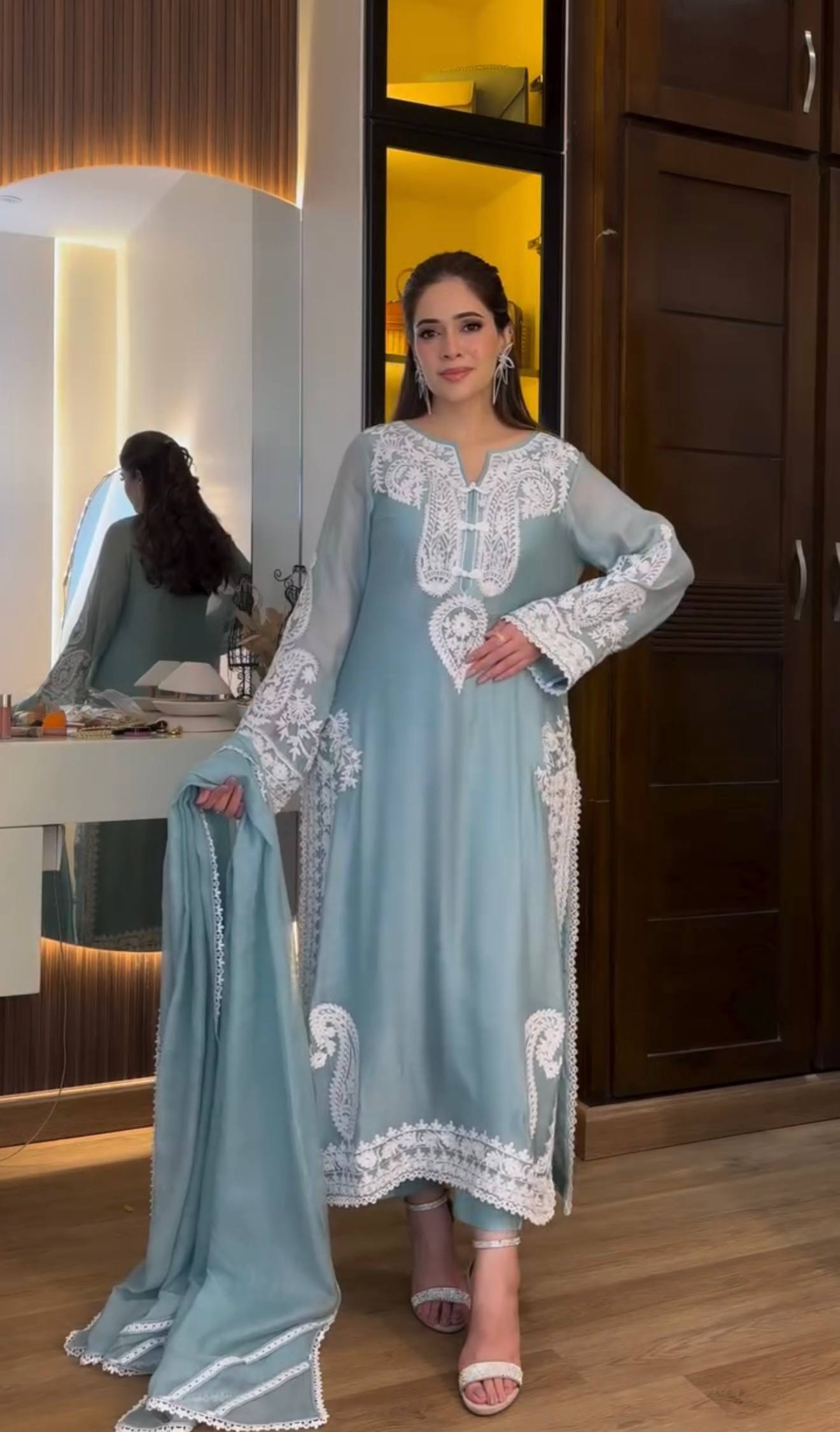 Designer Sky Blue Color Organza Silk Wedding Wear Palazzo Suit