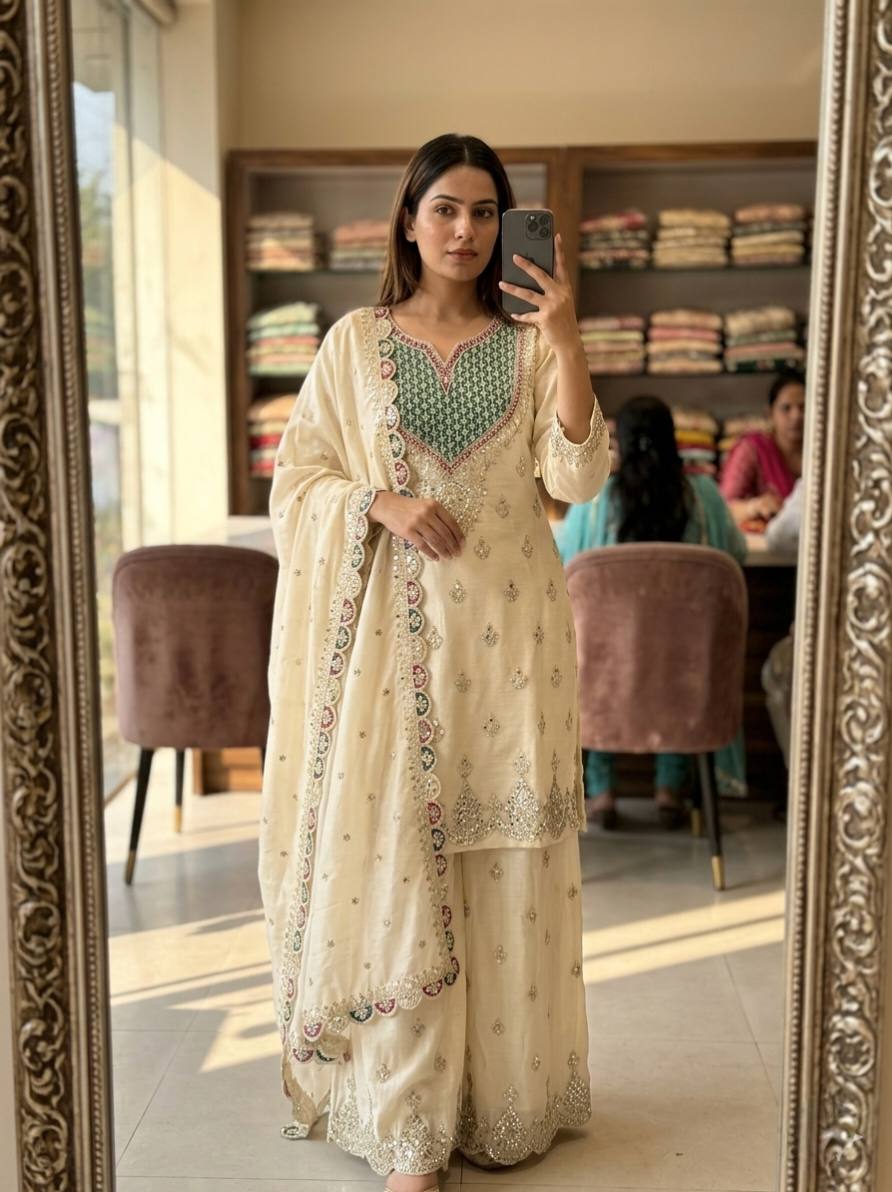 Designer Off White Chinon Silk Embroidered Palazzo Suit