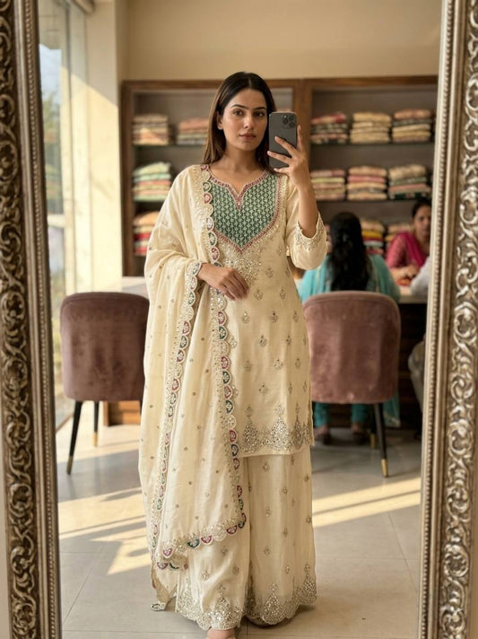 Designer Off White Chinon Silk Embroidered Palazzo Suit