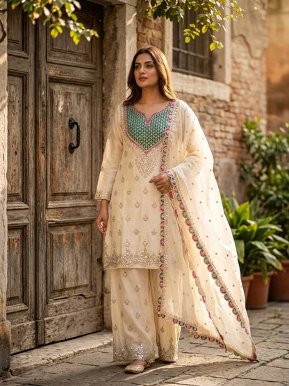 Designer Off White Chinon Silk Embroidered Palazzo Suit
