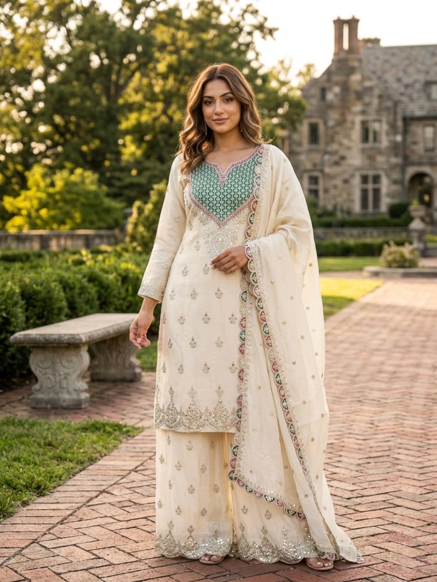 Designer Off White Chinon Silk Embroidered Palazzo Suit