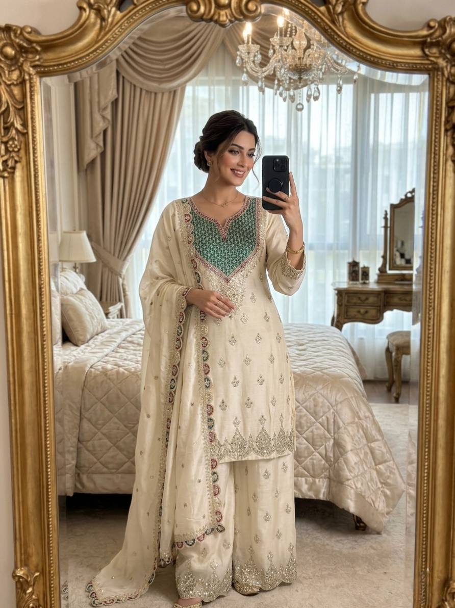 Designer Off White Chinon Silk Embroidered Palazzo Suit