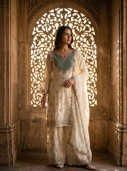 Designer Off White Chinon Silk Embroidered Palazzo Suit
