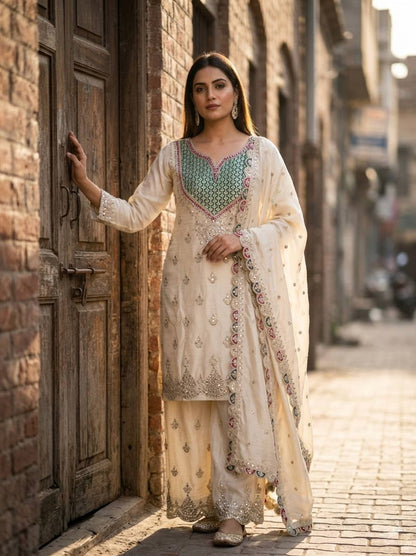 Designer Off White Chinon Silk Embroidered Palazzo Suit