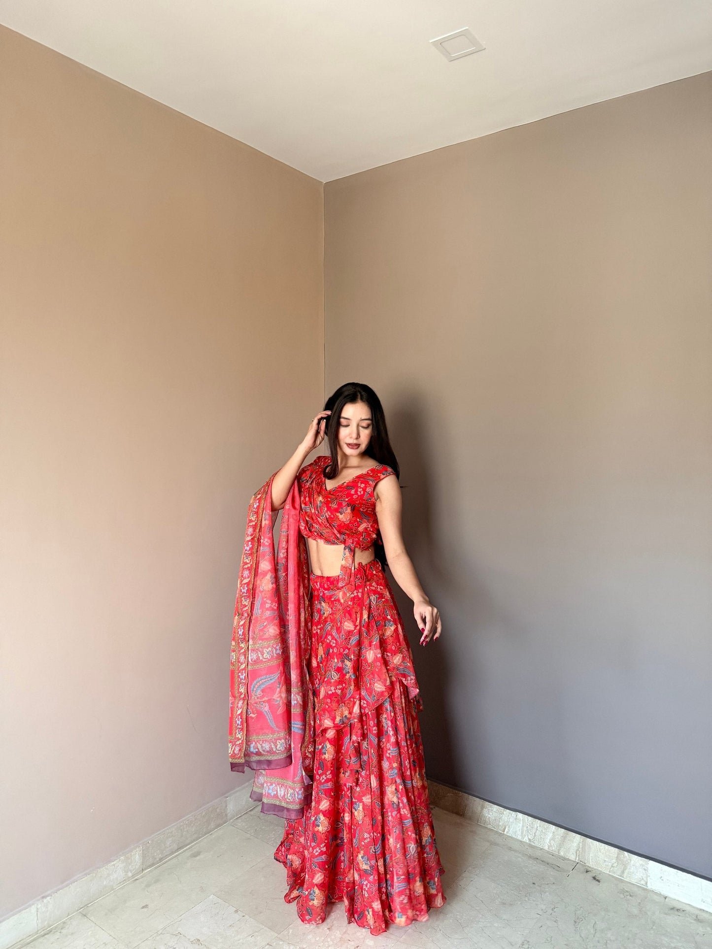 Awesome Red Color Stylish Printed Lehenga Choli