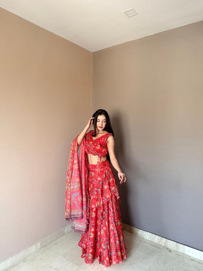 Awesome Red Color Stylish Printed Lehenga Choli