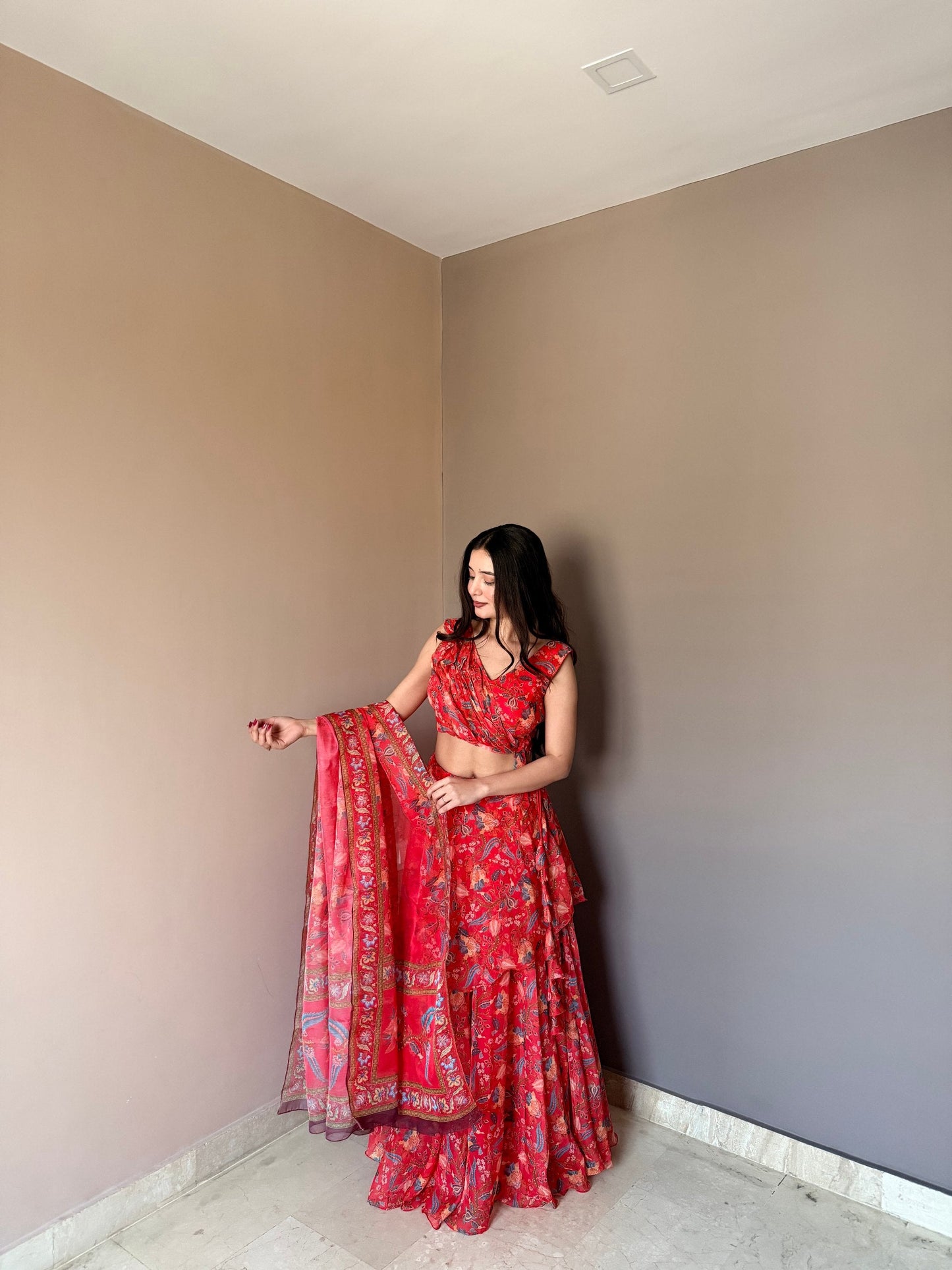 Awesome Red Color Stylish Printed Lehenga Choli