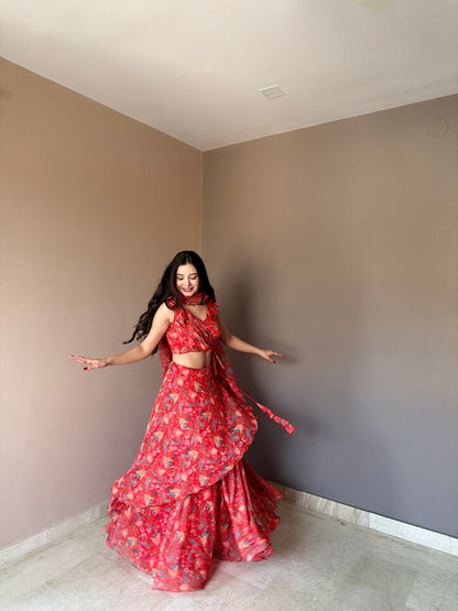 Awesome Red Color Stylish Printed Lehenga Choli