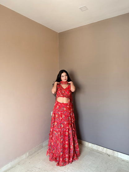 Awesome Red Color Stylish Printed Lehenga Choli