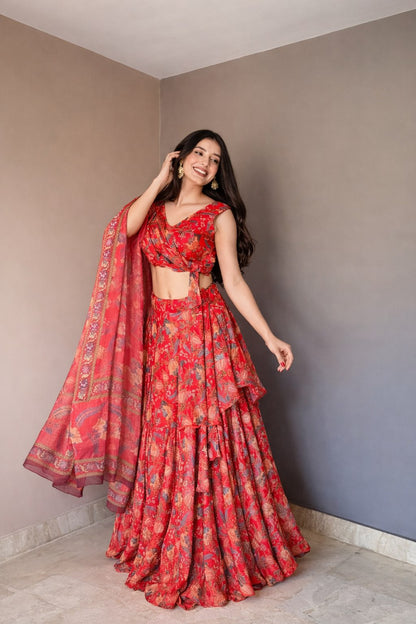 Awesome Red Color Stylish Printed Lehenga Choli