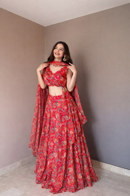 Awesome Red Color Stylish Printed Lehenga Choli