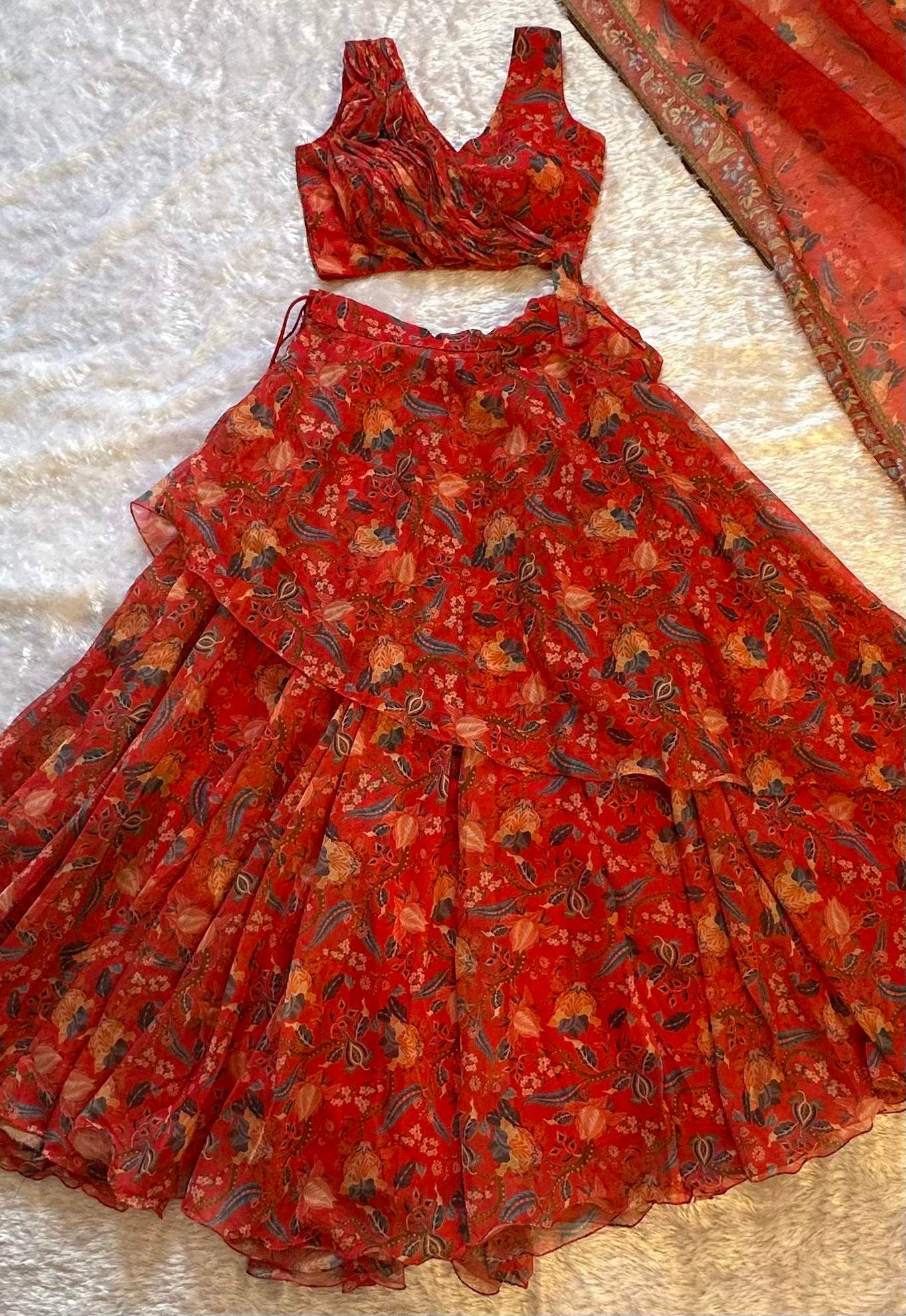 Awesome Red Color Stylish Printed Lehenga Choli
