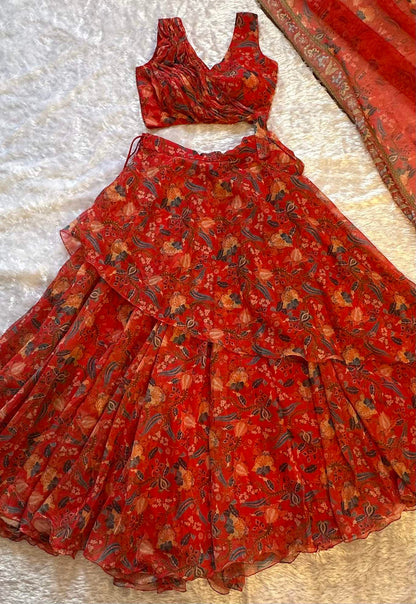Awesome Red Color Stylish Printed Lehenga Choli