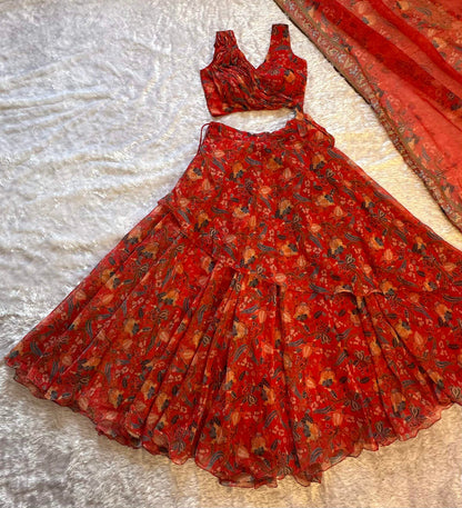 Awesome Red Color Stylish Printed Lehenga Choli