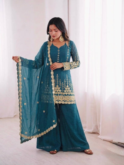 Designer Rama Color Fendy Silk Sharara Arti Chauhan Wear Palazzo Suit