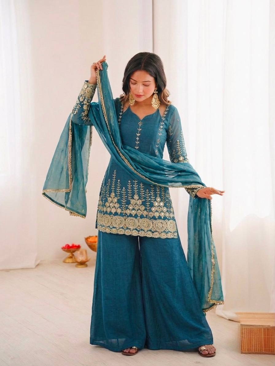 Designer Rama Color Fendy Silk Sharara Arti Chauhan Wear Palazzo Suit
