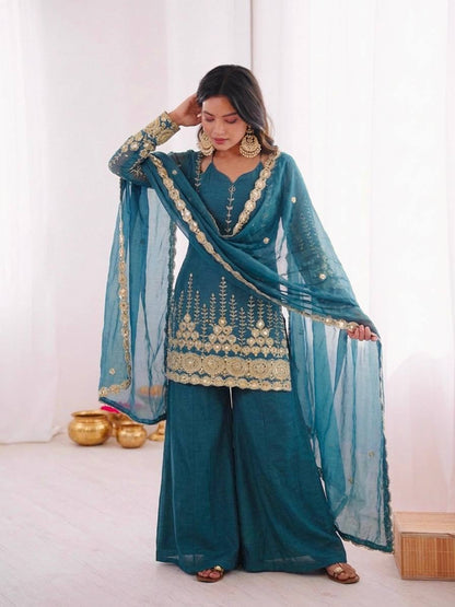 Designer Rama Color Fendy Silk Sharara Arti Chauhan Wear Palazzo Suit