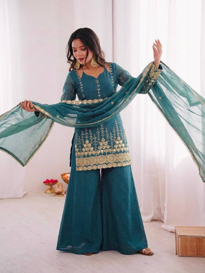 Designer Rama Color Fendy Silk Sharara Arti Chauhan Wear Palazzo Suit