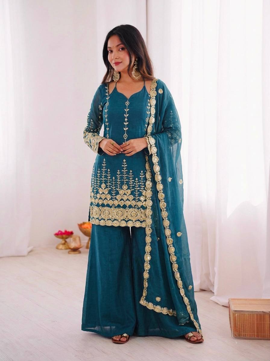 Designer Rama Color Fendy Silk Sharara Arti Chauhan Wear Palazzo Suit