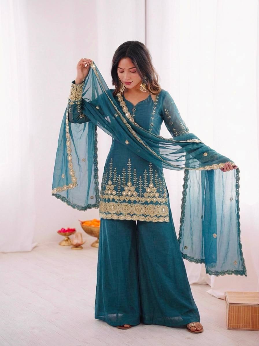 Designer Rama Color Fendy Silk Sharara Arti Chauhan Wear Palazzo Suit