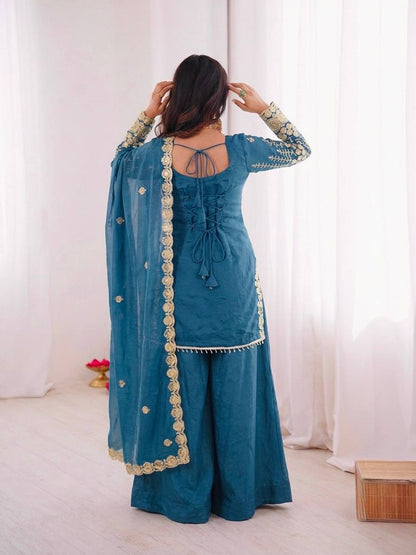 Designer Rama Color Fendy Silk Sharara Arti Chauhan Wear Palazzo Suit