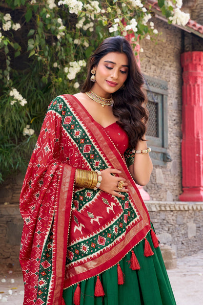 Traditional Wear Green Color Tussar Silk With Heavy Patola Printed Designer Lehenga Choli