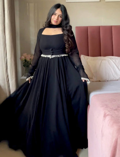 Fashionable Black Color Pure Faux Georgette Maxi Anarkali Suit
