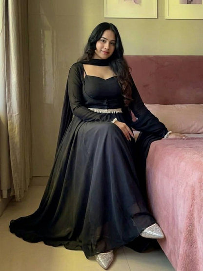 Fashionable Black Color Pure Faux Georgette Maxi Anarkali Suit