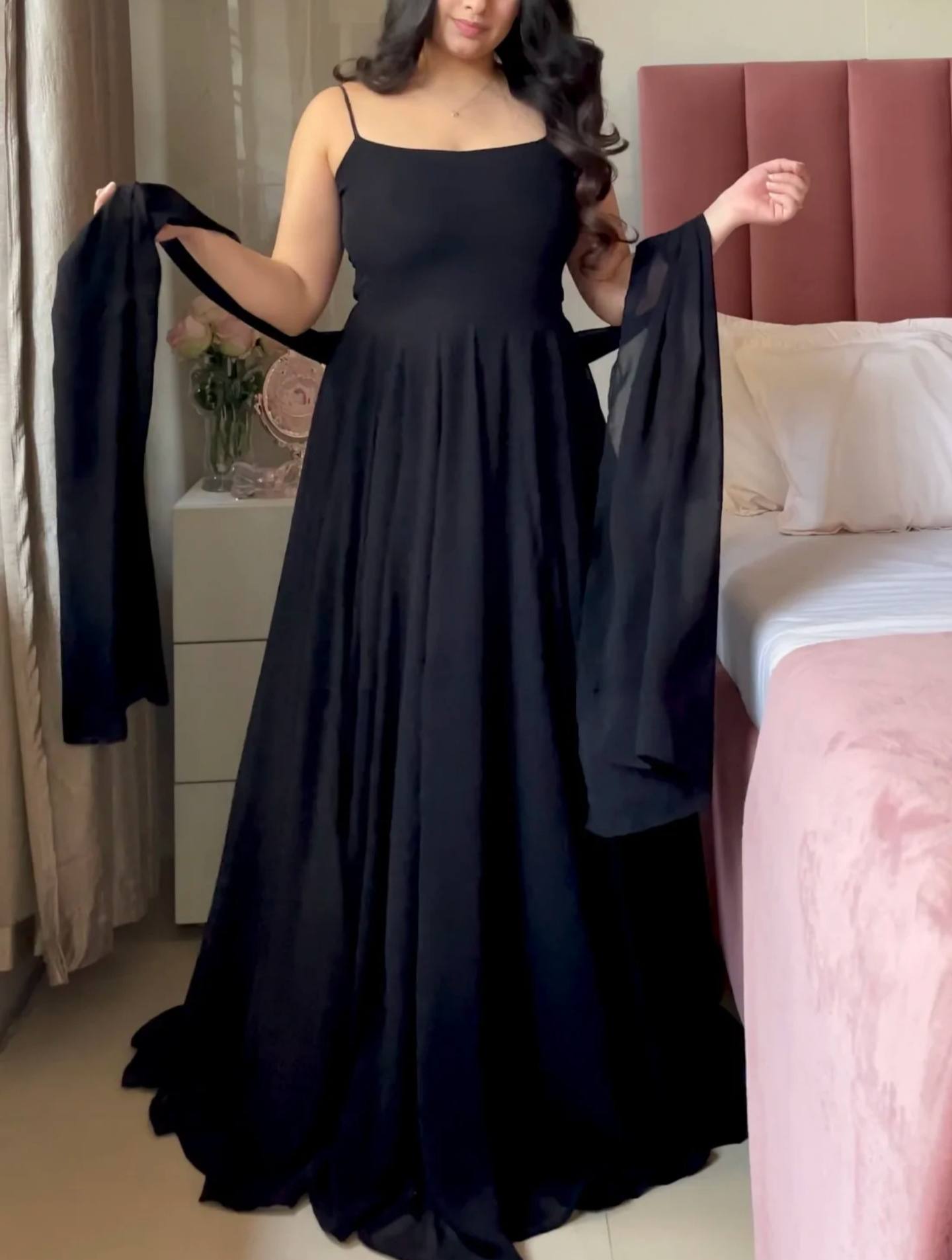 Fashionable Black Color Pure Faux Georgette Maxi Anarkali Suit
