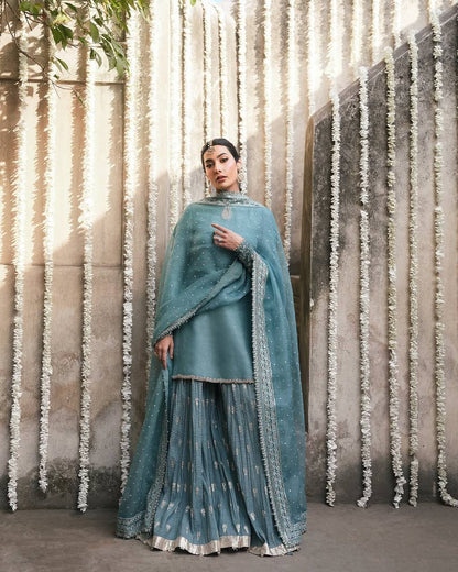 Beautiful Sky Blue Color Heavy Embroidered Wedding Wear Sharara Suit