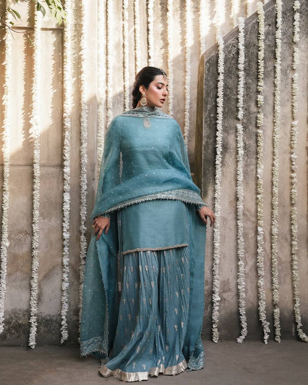 Beautiful Sky Blue Color Heavy Embroidered Wedding Wear Sharara Suit