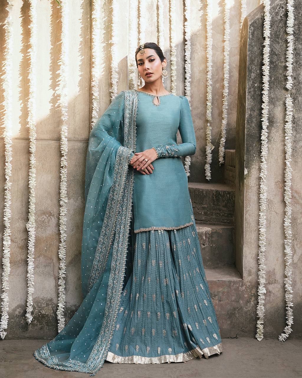 Beautiful Sky Blue Color Heavy Embroidered Wedding Wear Sharara Suit