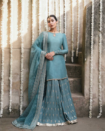 Beautiful Sky Blue Color Heavy Embroidered Wedding Wear Sharara Suit