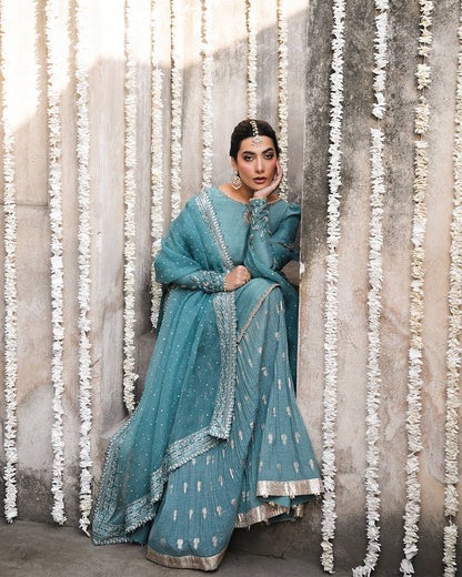 Beautiful Sky Blue Color Heavy Embroidered Wedding Wear Sharara Suit