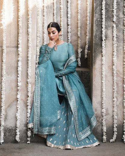 Beautiful Sky Blue Color Heavy Embroidered Wedding Wear Sharara Suit