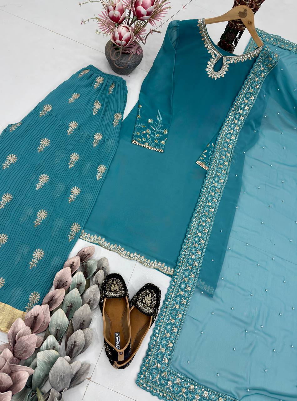 Beautiful Sky Blue Color Heavy Embroidered Wedding Wear Sharara Suit
