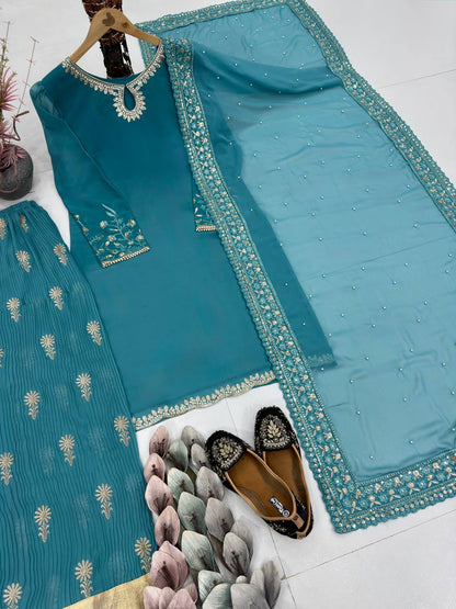 Beautiful Sky Blue Color Heavy Embroidered Wedding Wear Sharara Suit