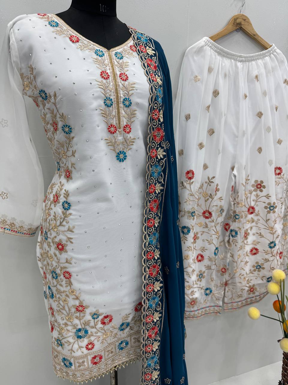 Party Wear Teal Blue Color Heavy Faux Georgette Embroidery Sequences With Stone Hand Work Palazzo Suit